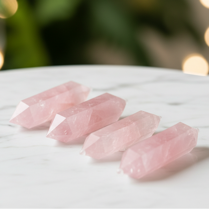 Rose quartz points with marble bokeh background