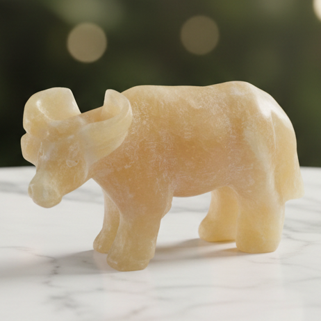 Yellow calcite buffalo with marble bokeh background