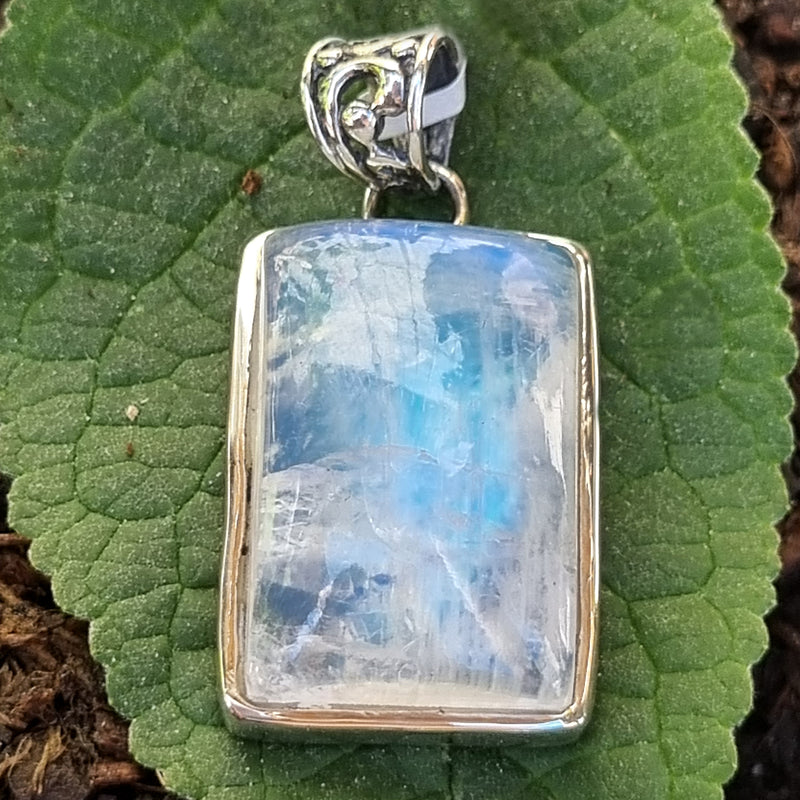Pendant Rainbow Moonstone Rectangle Blue Flashes Sterling Silver | Carpe Diem With Remi