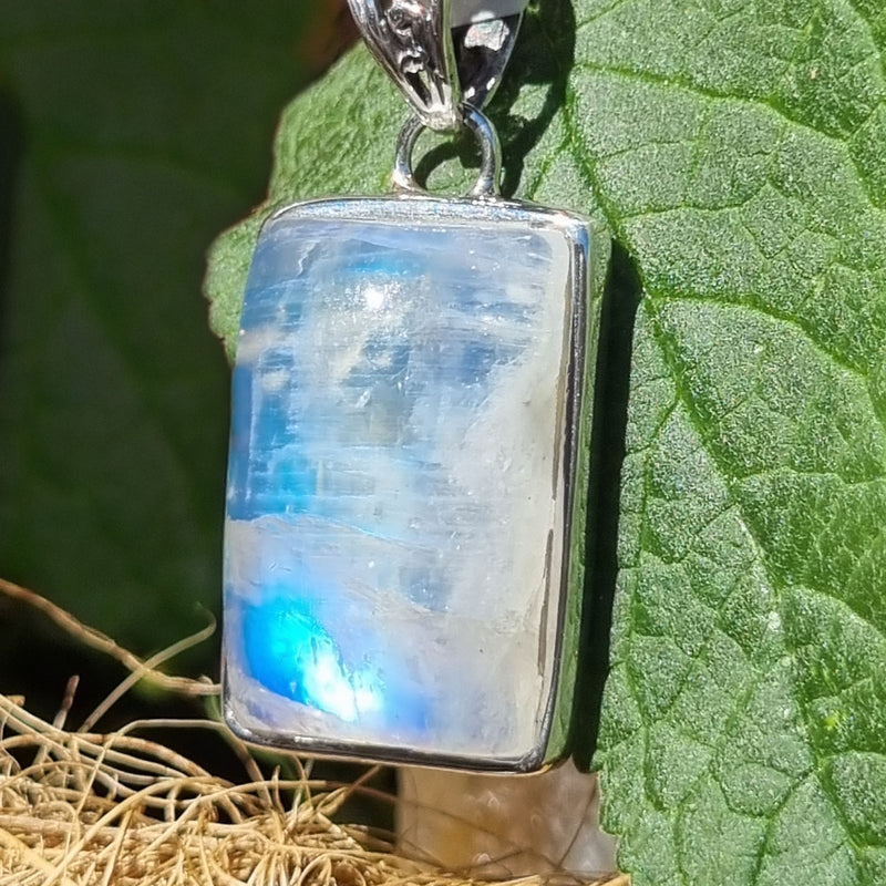 Pendant Rainbow Moonstone Rectangle Blue Flashes Sterling Silver | Carpe Diem With Remi