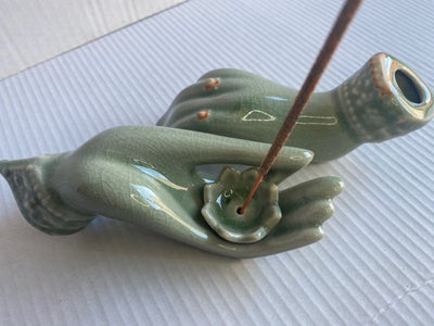 Incense Holder Ceramic Lotus on Hand Green | Carpe Diem With Remi