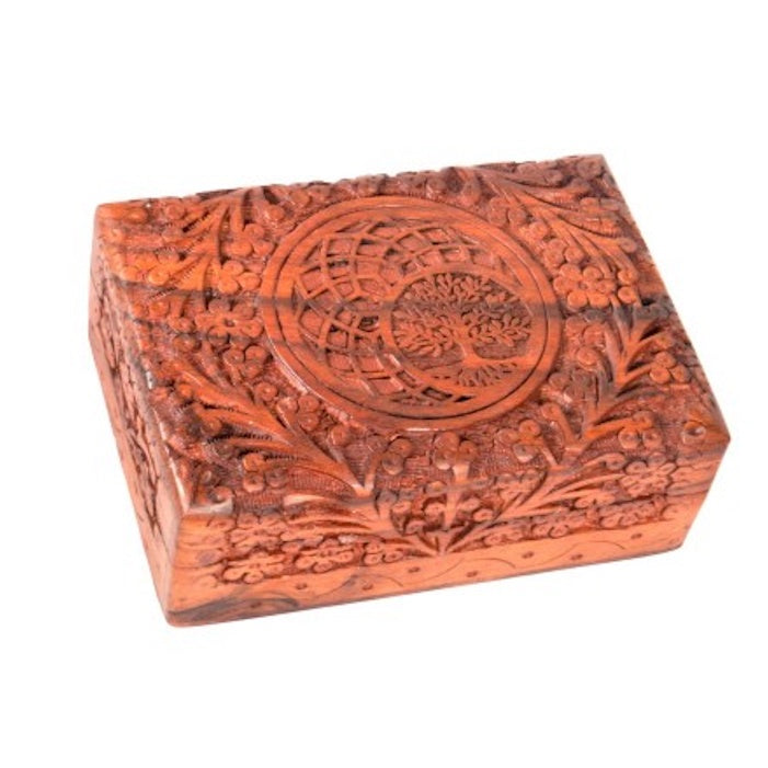 Box Tree of Life Carved Red Wood 18 cm