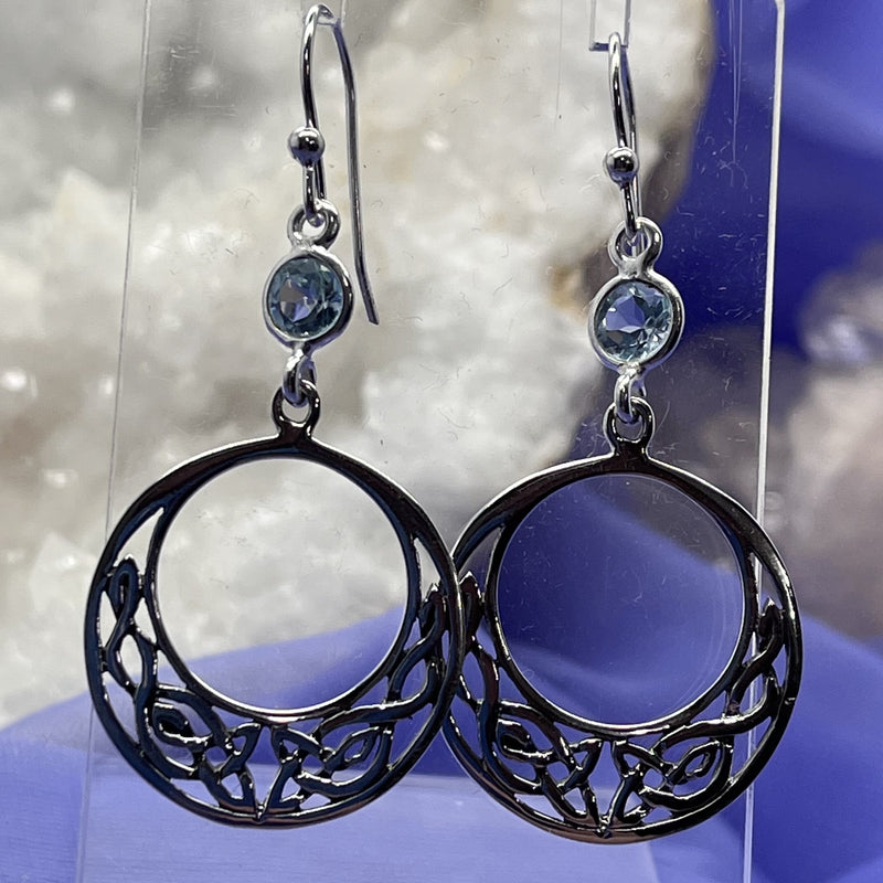 Earrings Blue Topaz Round Celtic Moon