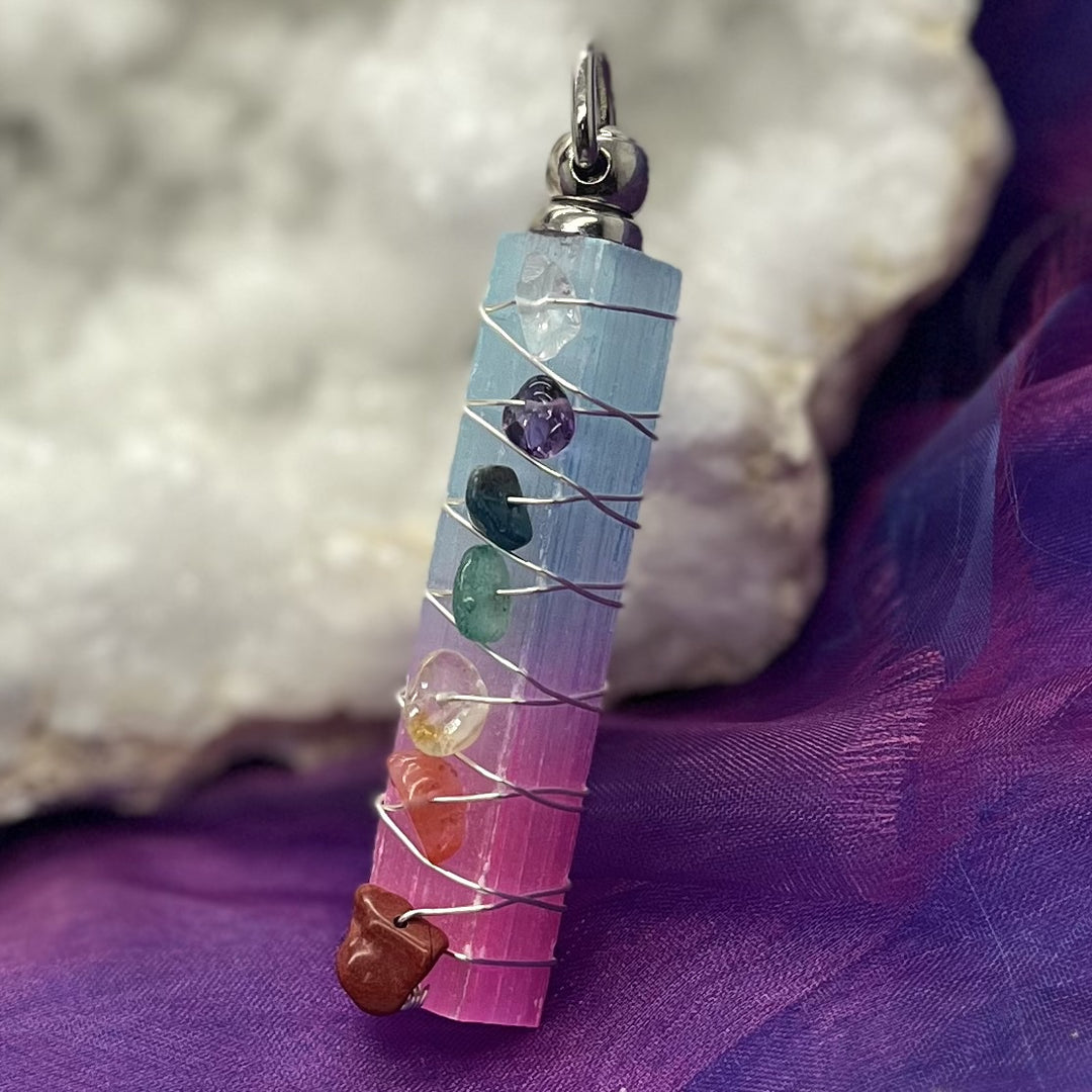 Pendant Rainbow Selenite with Chakra Stones 8.0 cm