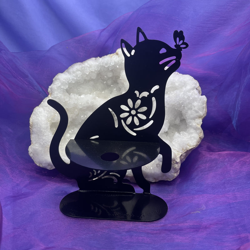Sphere Stand Cat with Butterfly Black Metal