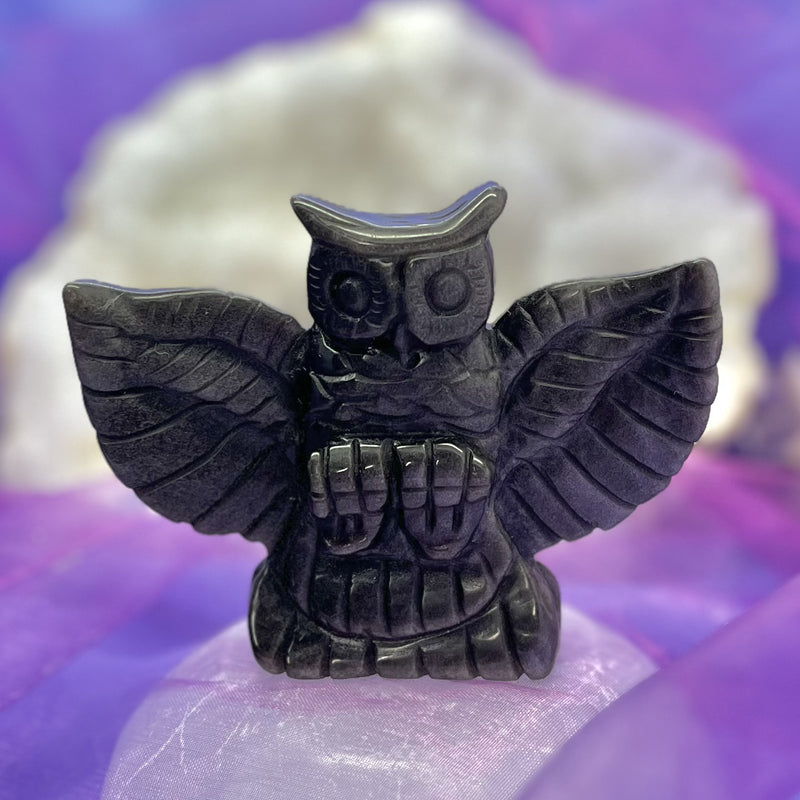 Silver Sheen Obsidian Winged Owl 7.6 cm